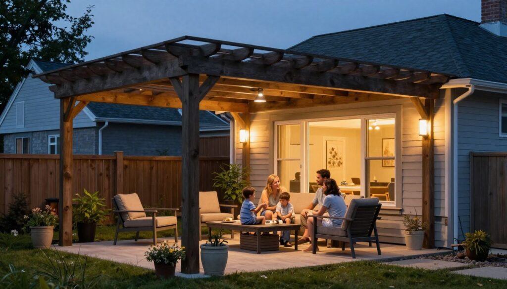 Belle pergola bioclimatique 4 saisons illuminée en soirée avec famille profitant de l'espace