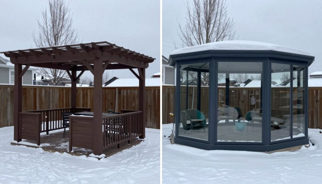 Comparaison visuelle entre pergola 3 saisons et 4 saisons en conditions hivernales québécoises