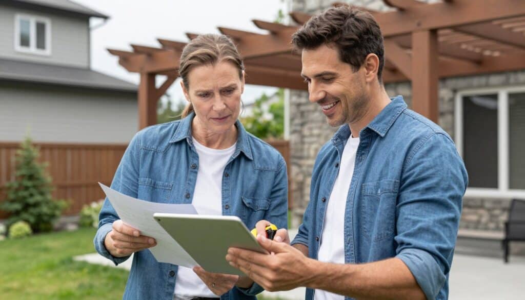 Consultation entre propriétaire et expert en pergolas dans cour arrière