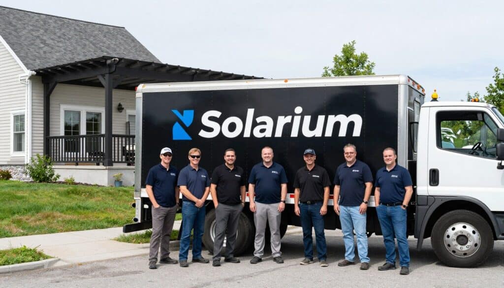 Équipe Solarium EZ Sun devant camion d'entreprise avec pergola installée en arrière-plan