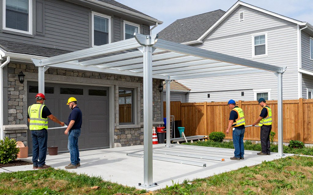 Équipe d'installateurs professionnels assemblant une pergola bioclimatique