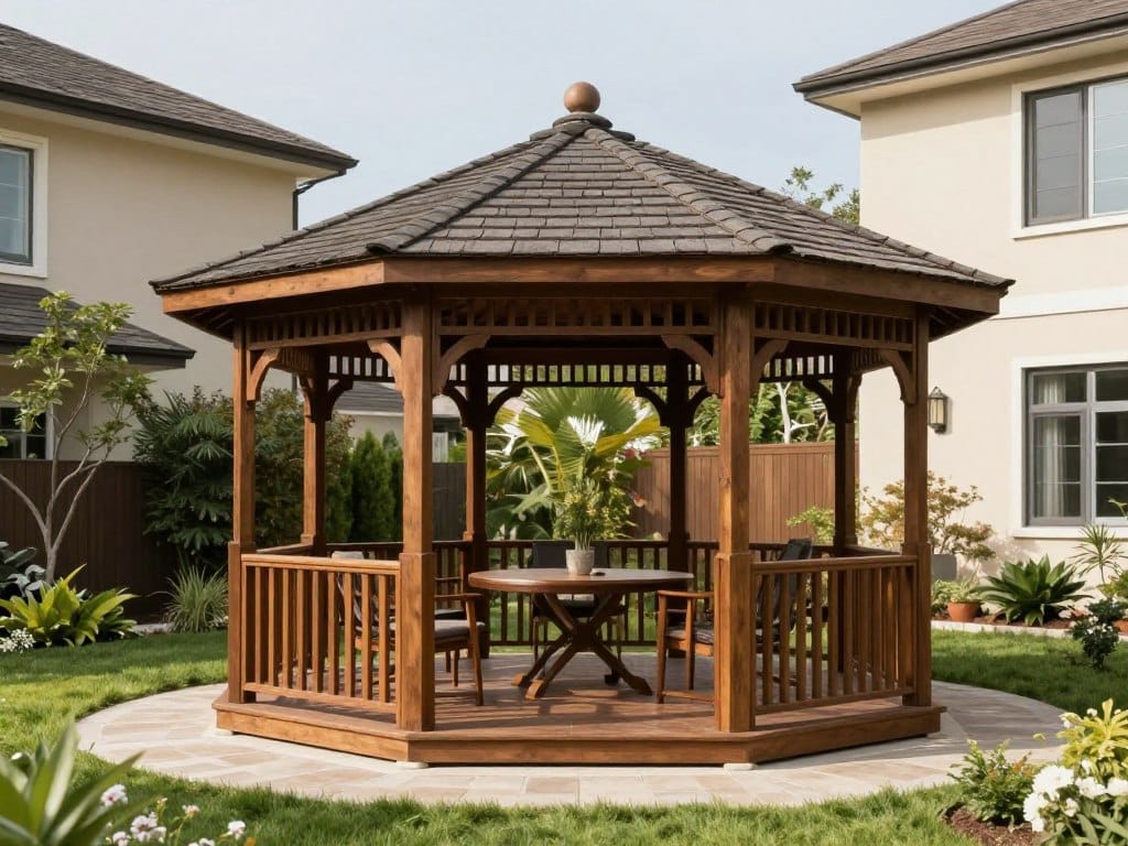 Gazebo traditionnel en bois dans cour arrière résidentielle