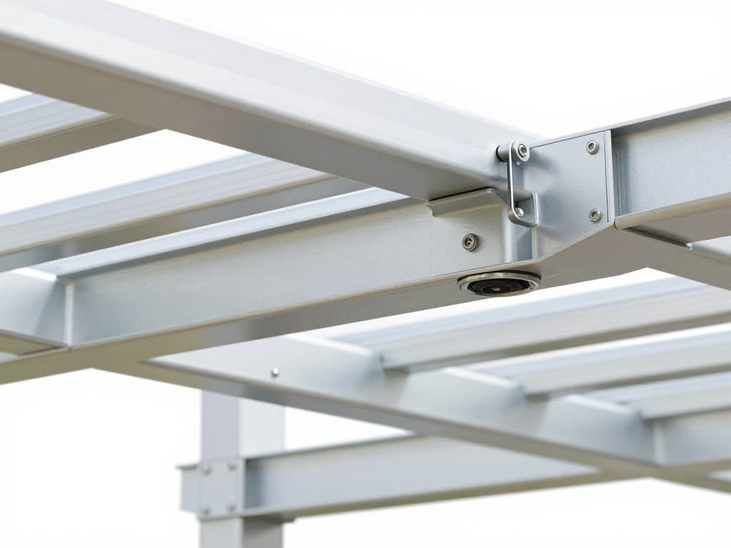 Gros plan sur le système de lames orientables d'une pergola bioclimatique en aluminium