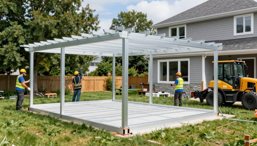 Installation d'une pergola bioclimatique en cours dans cour résidentielle québécoise