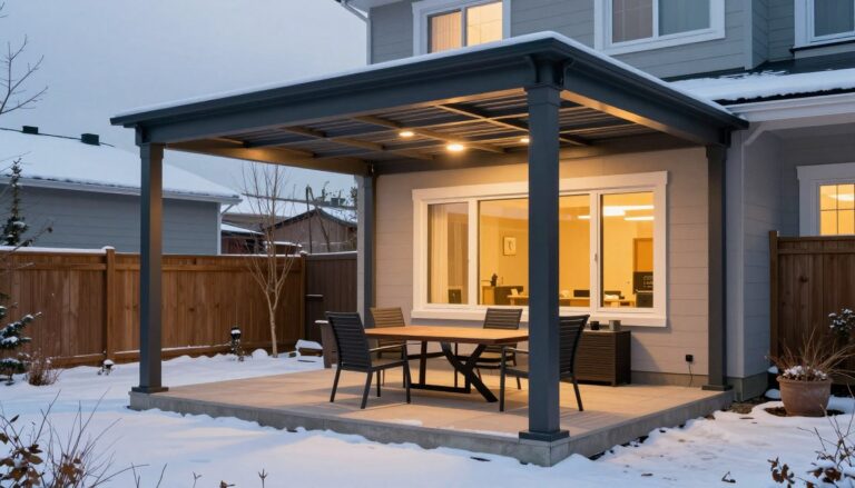 Pergola bioclimatique 4 saisons moderne installée dans une cour arrière québécoise en hiver avec neige