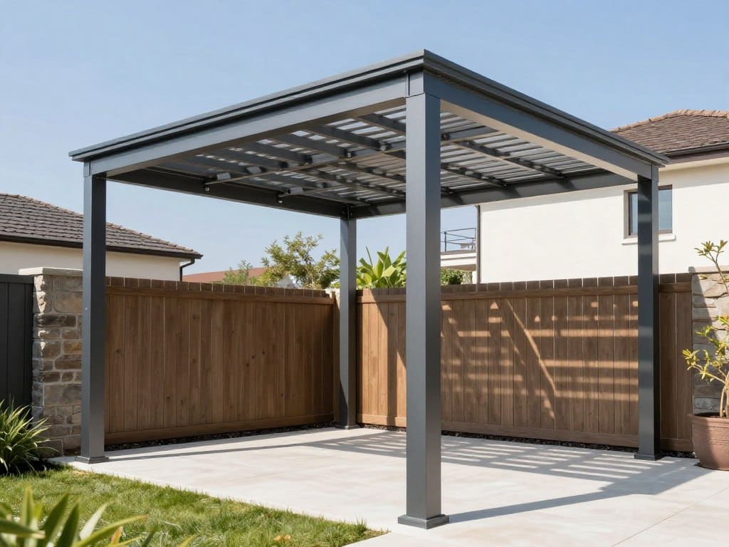 Pergola bioclimatique moderne avec lames orientables dans jardin contemporain