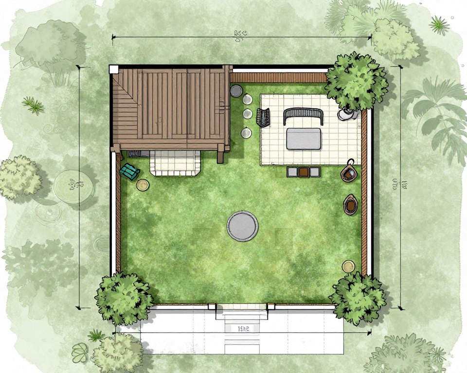 Plan de cour arrière avec dimensions pour installation de pergola