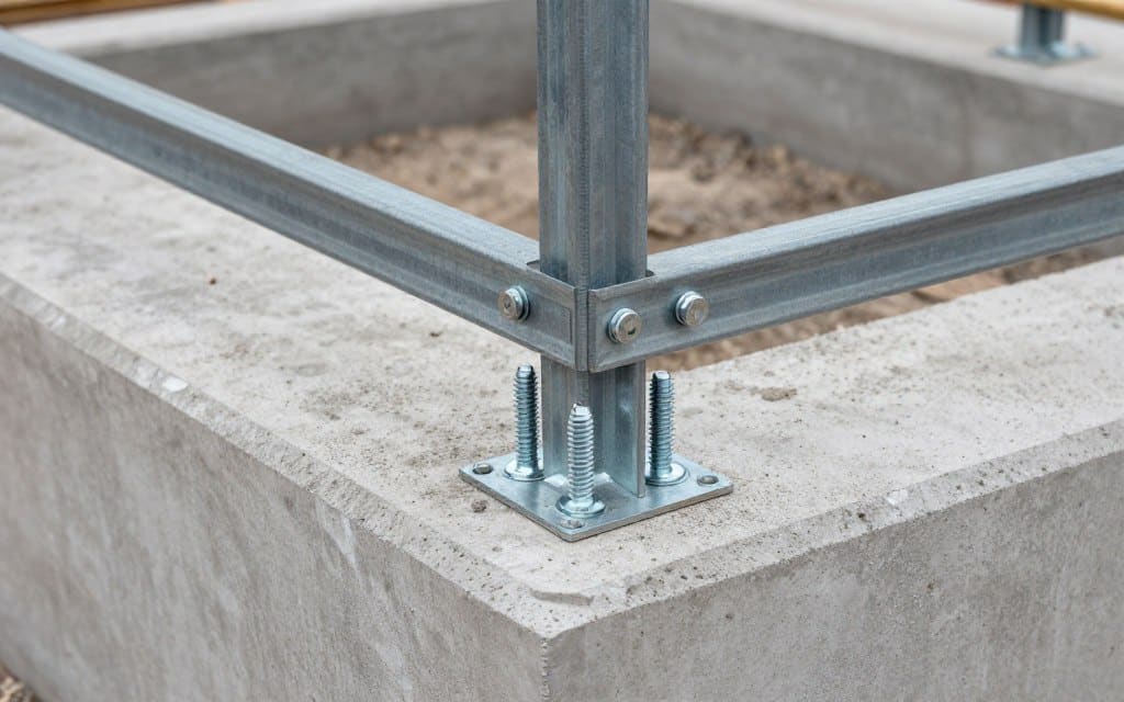 Système d'ancrage en acier pour pergola bioclimatique installé dans béton